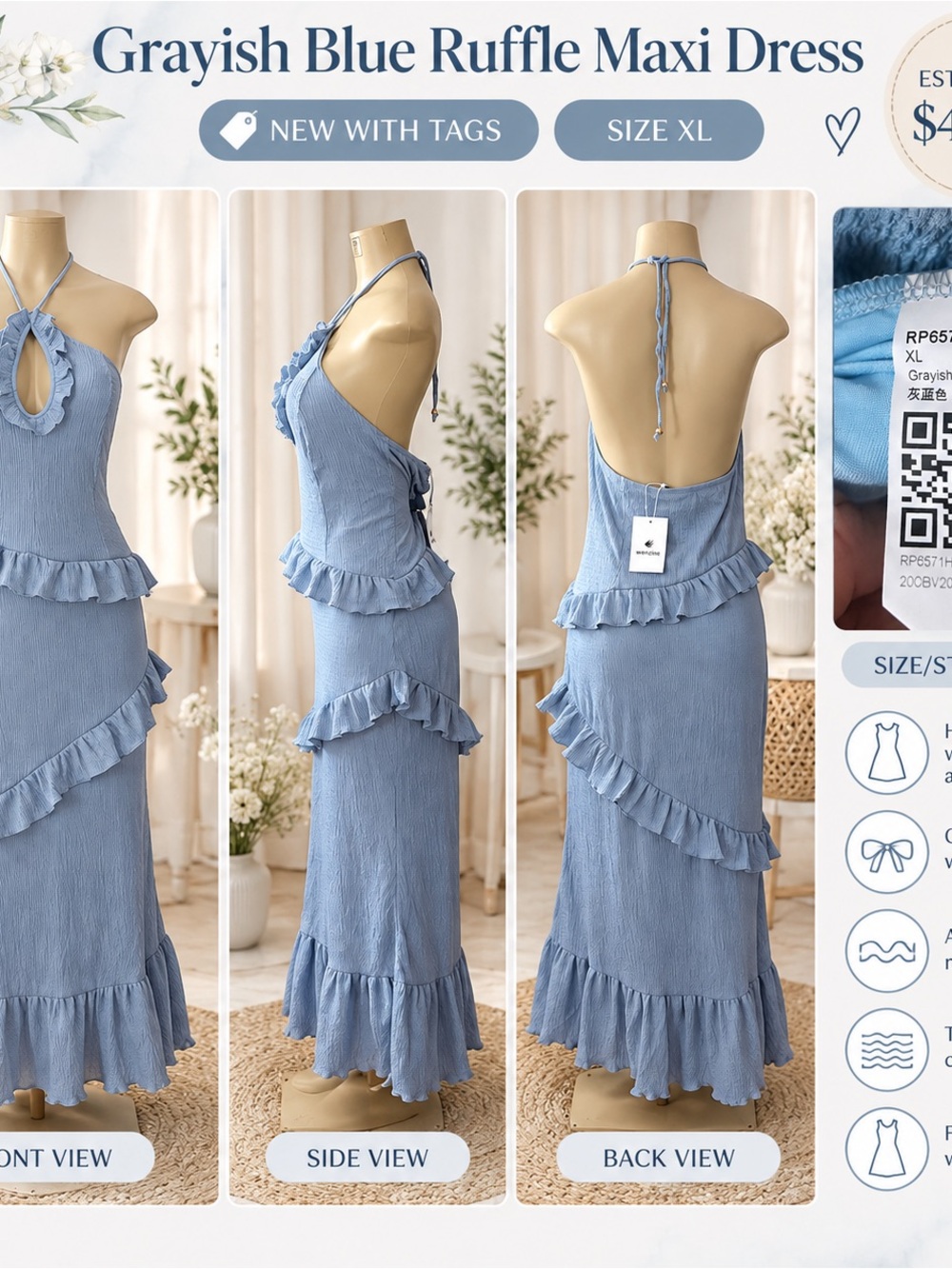 Grayish Blue Ruffle Maxi Dress - Halter Back Tie
